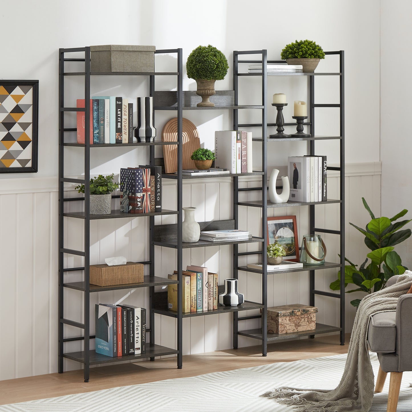 Triple Wide 5-shelf Bookshelves Industrial Retro Wooden Style - Dark Grey