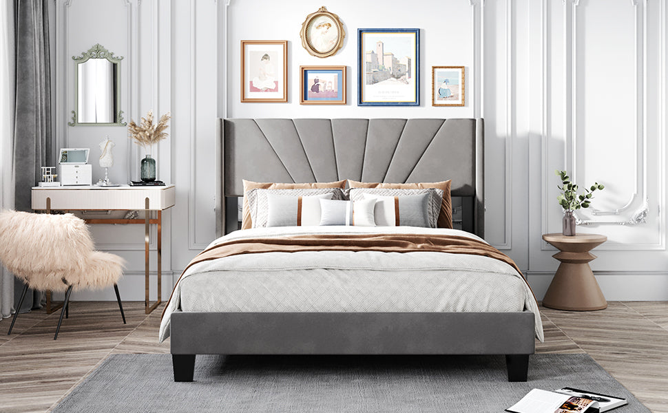 Royal Comfort Queen Size Velvet Upholstered Platform Bed - Gray
