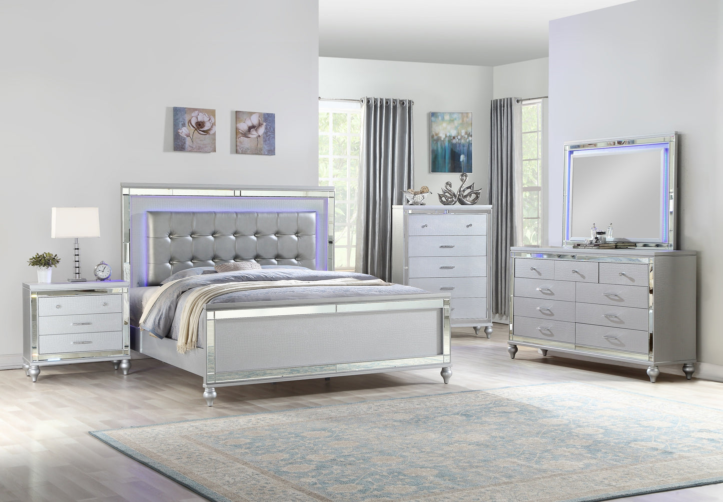 Atlas Sterling King Size Upholstered LED Bed - Silver