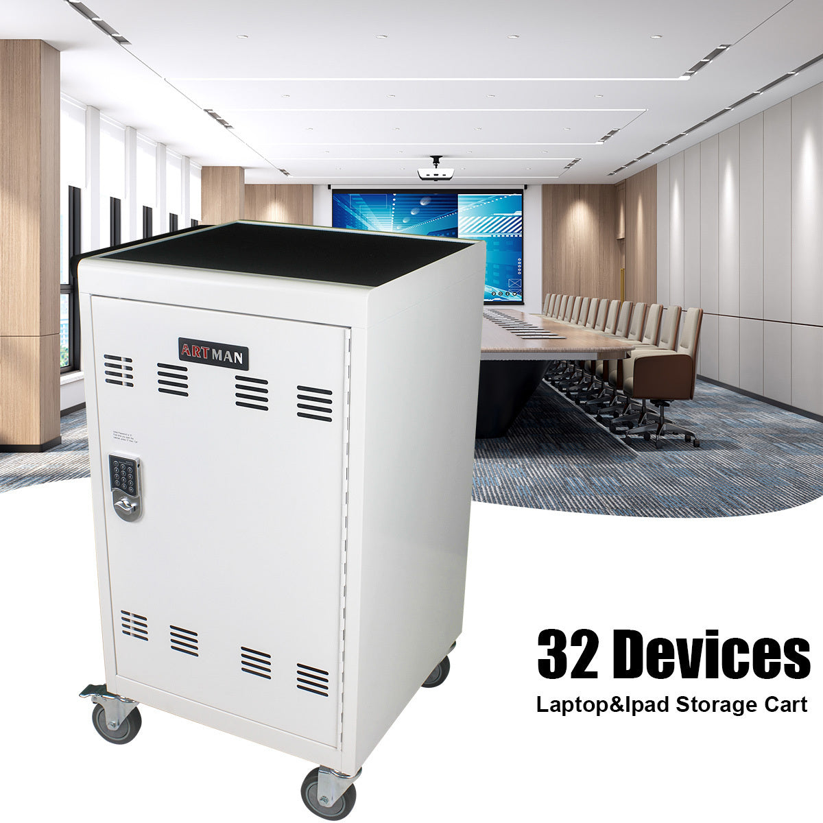 Mobile Charging Cart and Cabinet With Combination Lock - White