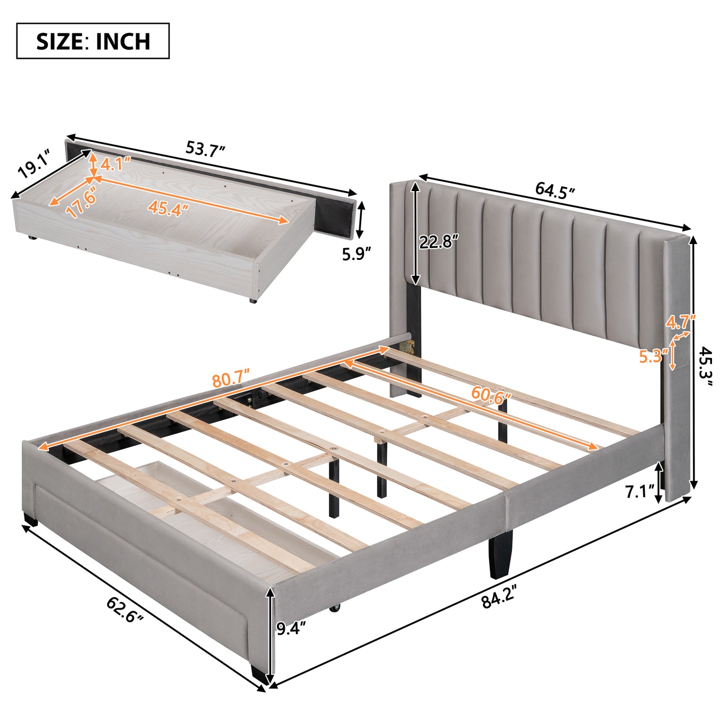 Shona Queen Size Velvet Platform Bed Frame - Gray