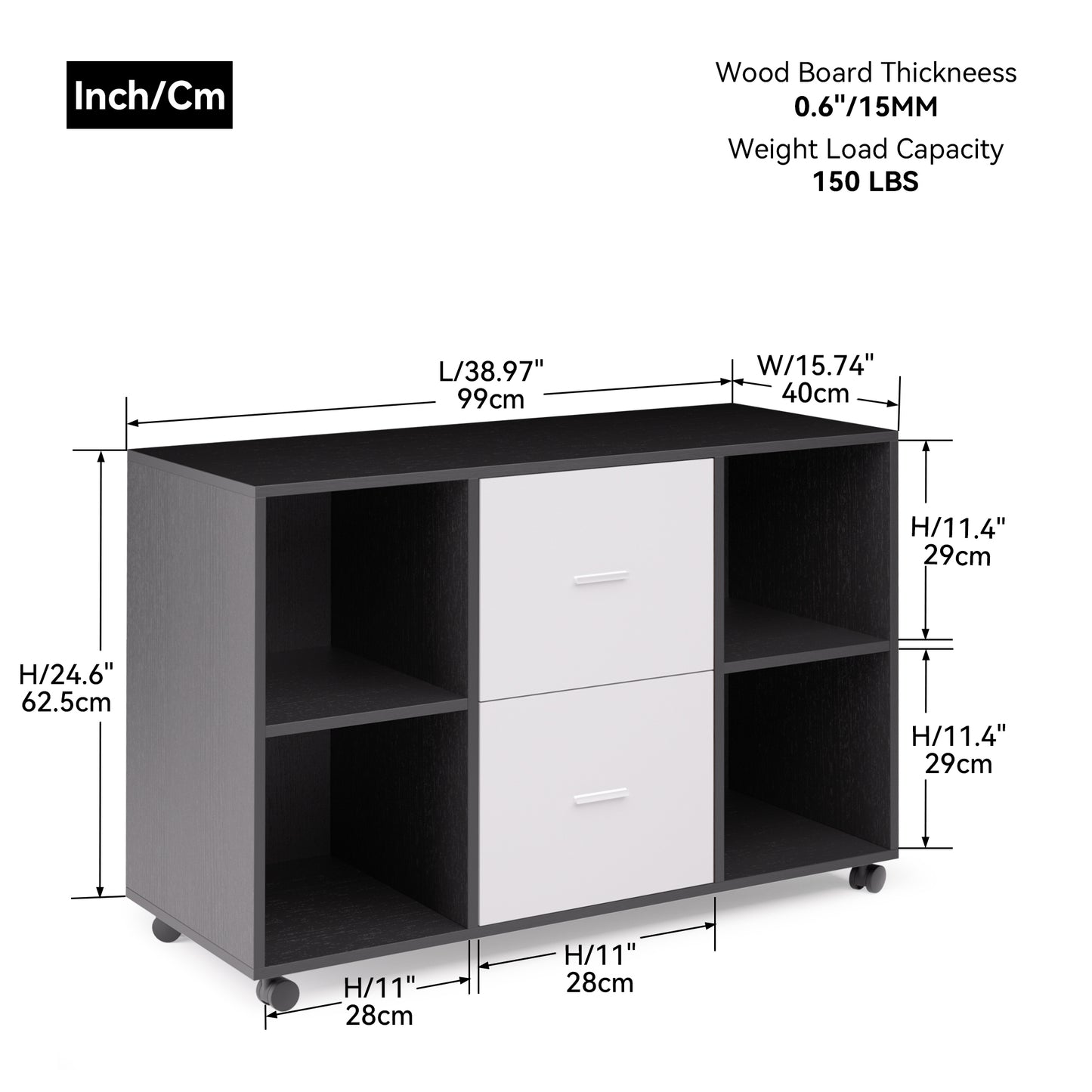 Mobile Wood File Cabinet 2-Drawer 4 open storage - Light Grey
