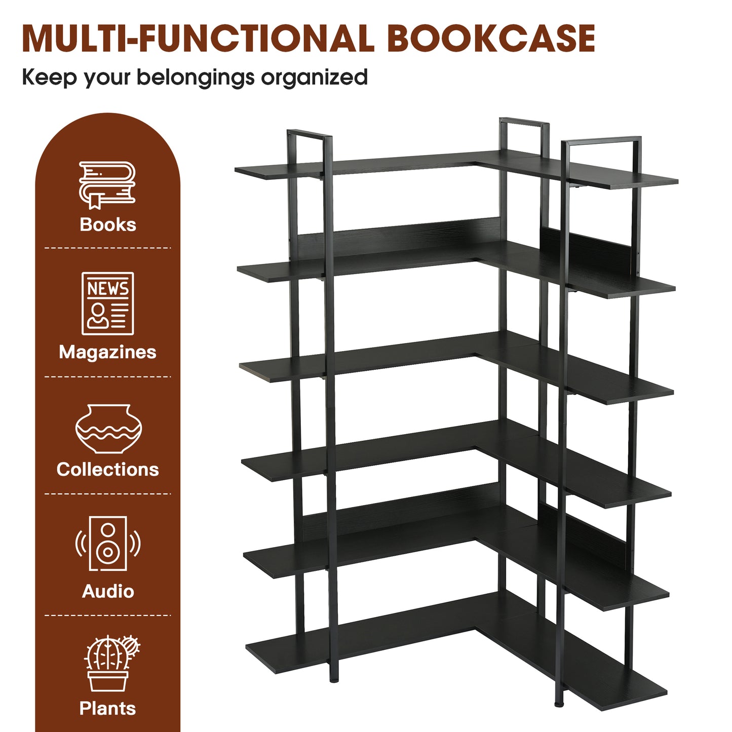 Stainless Steel Frame Corner 6-tier Shelves - Black