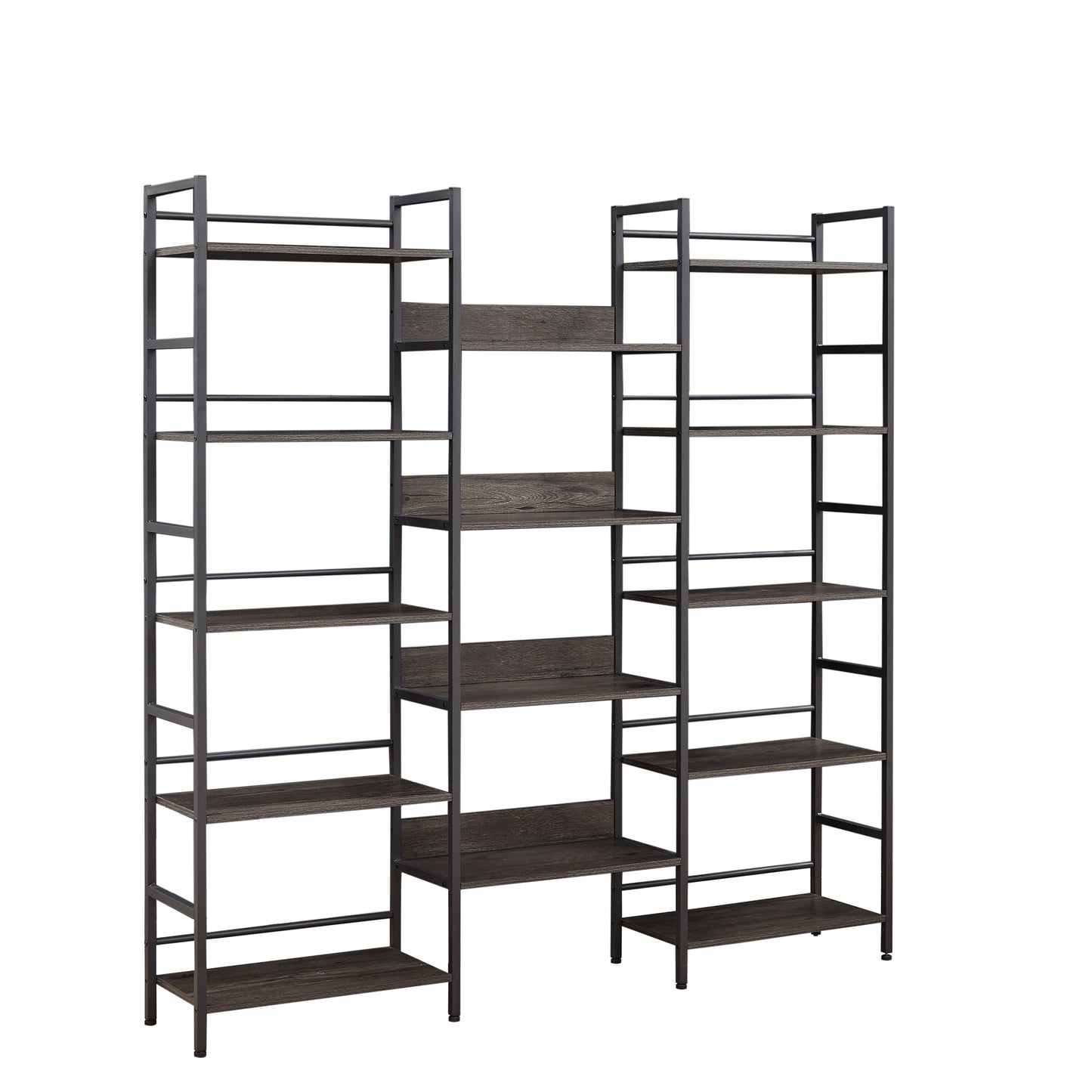 Triple Wide 5-shelf Bookshelves Industrial Retro Wooden Style - Dark Grey