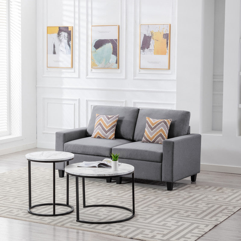Nolan Gray Linen Fabric Loveseat with Pillows and Interchangeable Legs