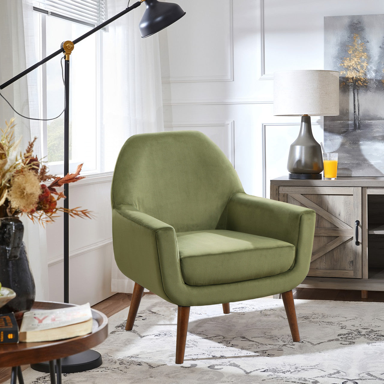 Astrid Green Velvet Mid-Century Arm Chair