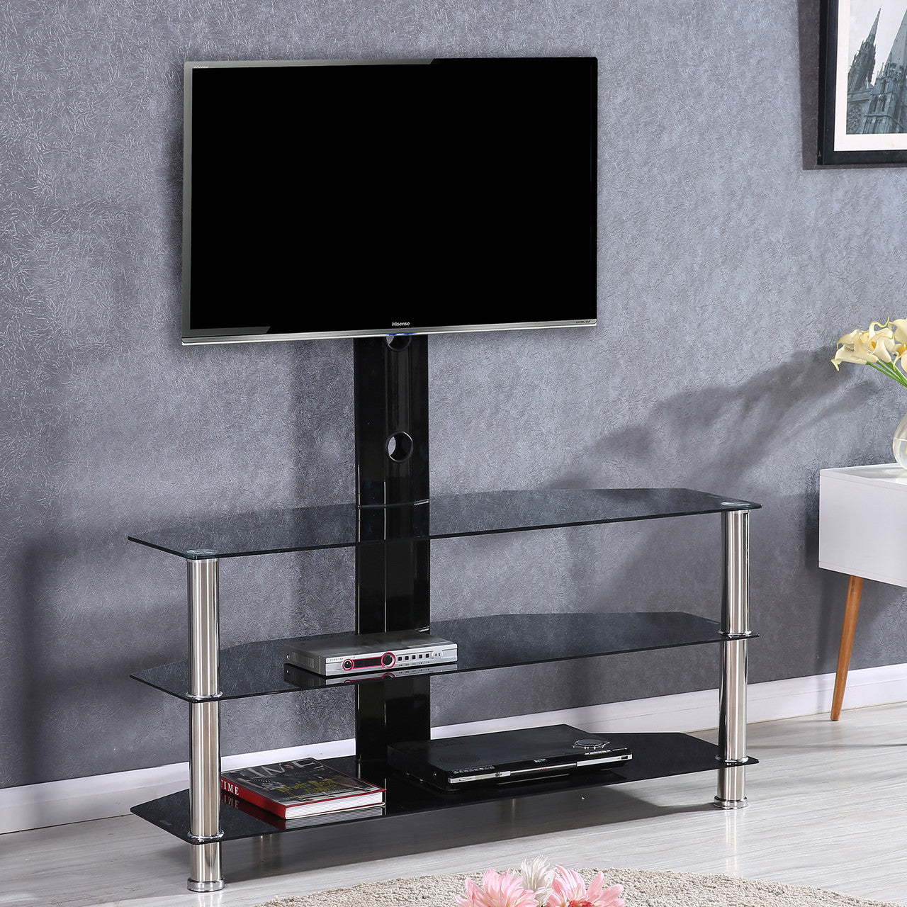 Go Green Woods Ella Swivel Mount Black Glass TV Stand for up to 55-inch TV