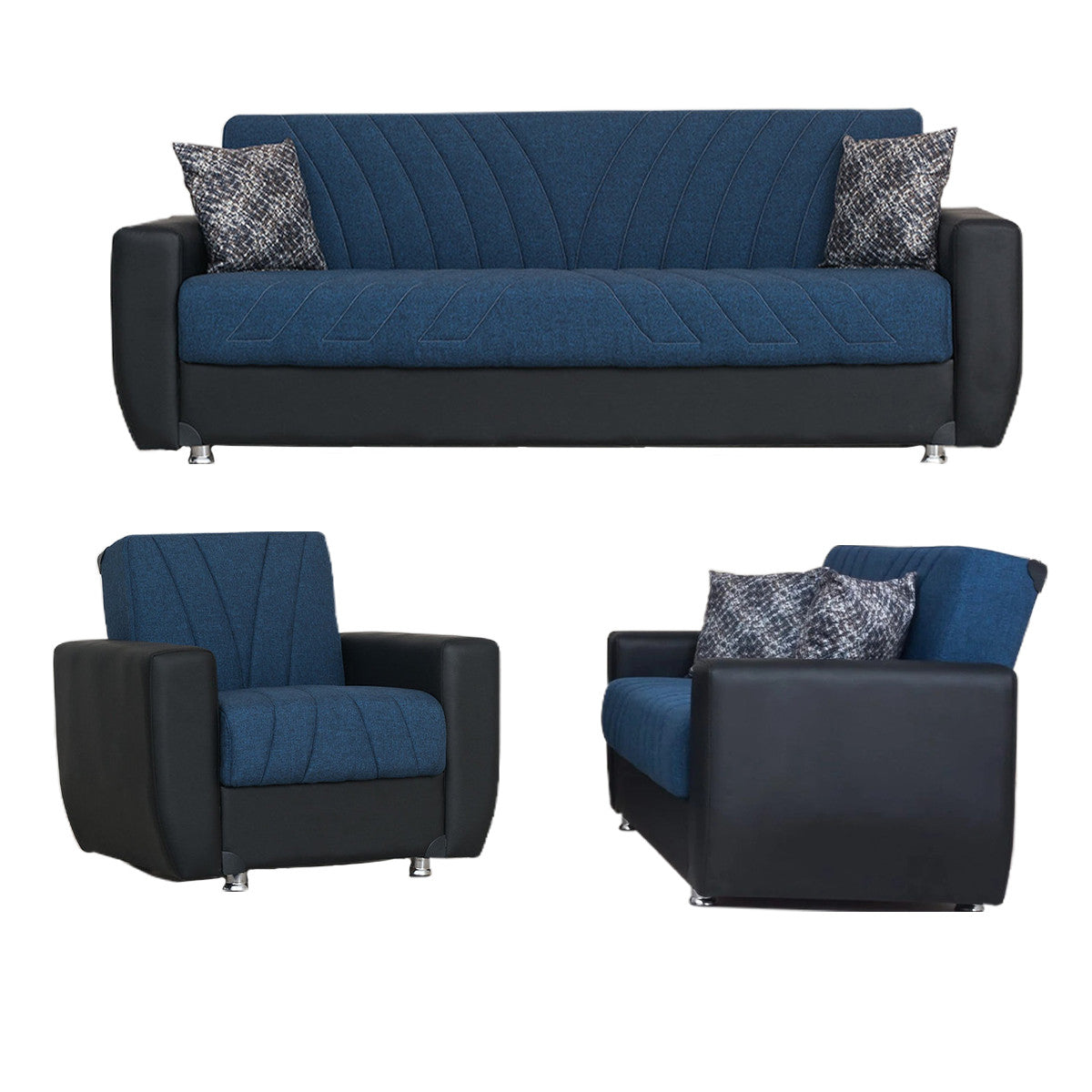 Rana Navy Blue Fabric w-Black PU Leather Sofa Bed