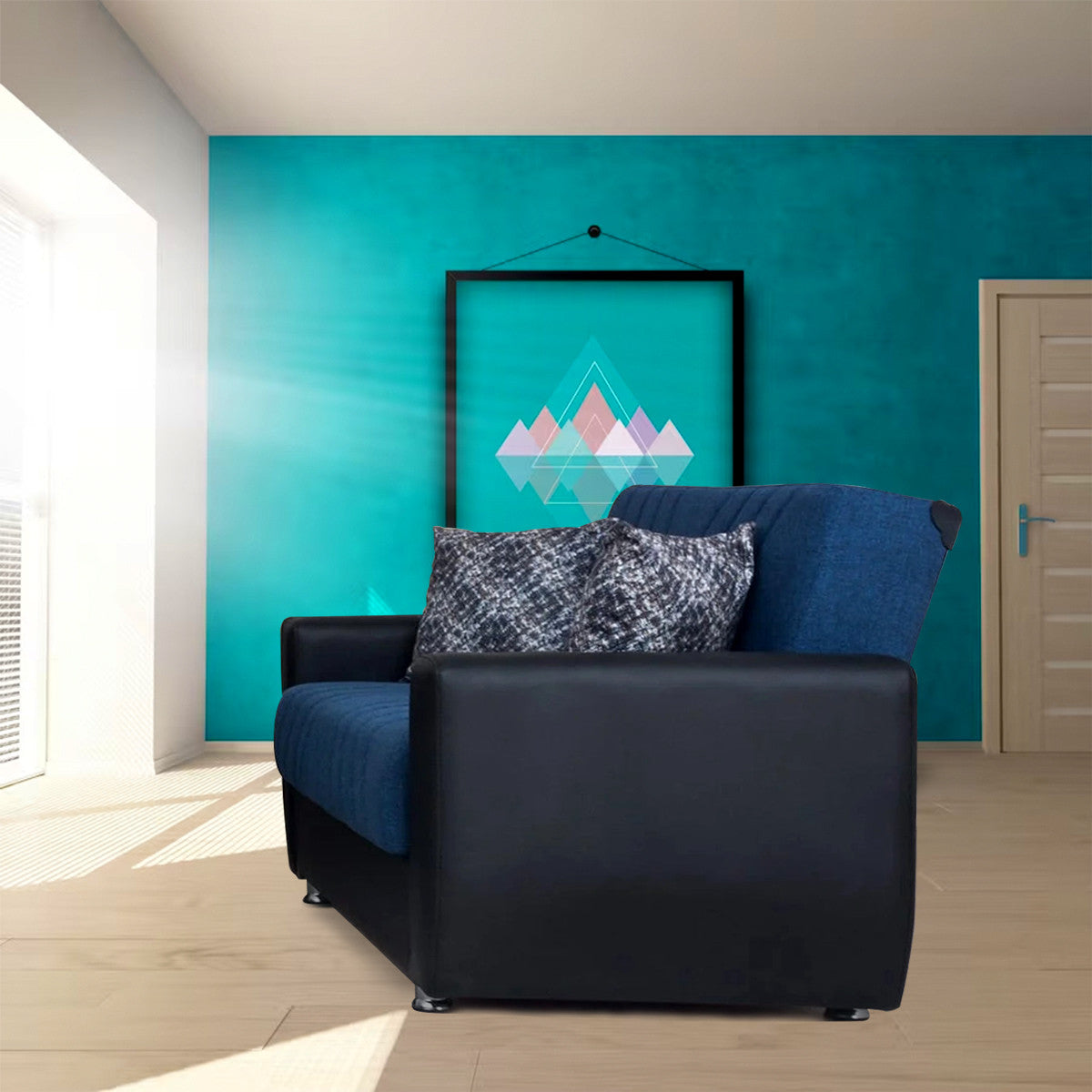 Rana Navy Blue Fabric w-Black PU Leather Loveseat