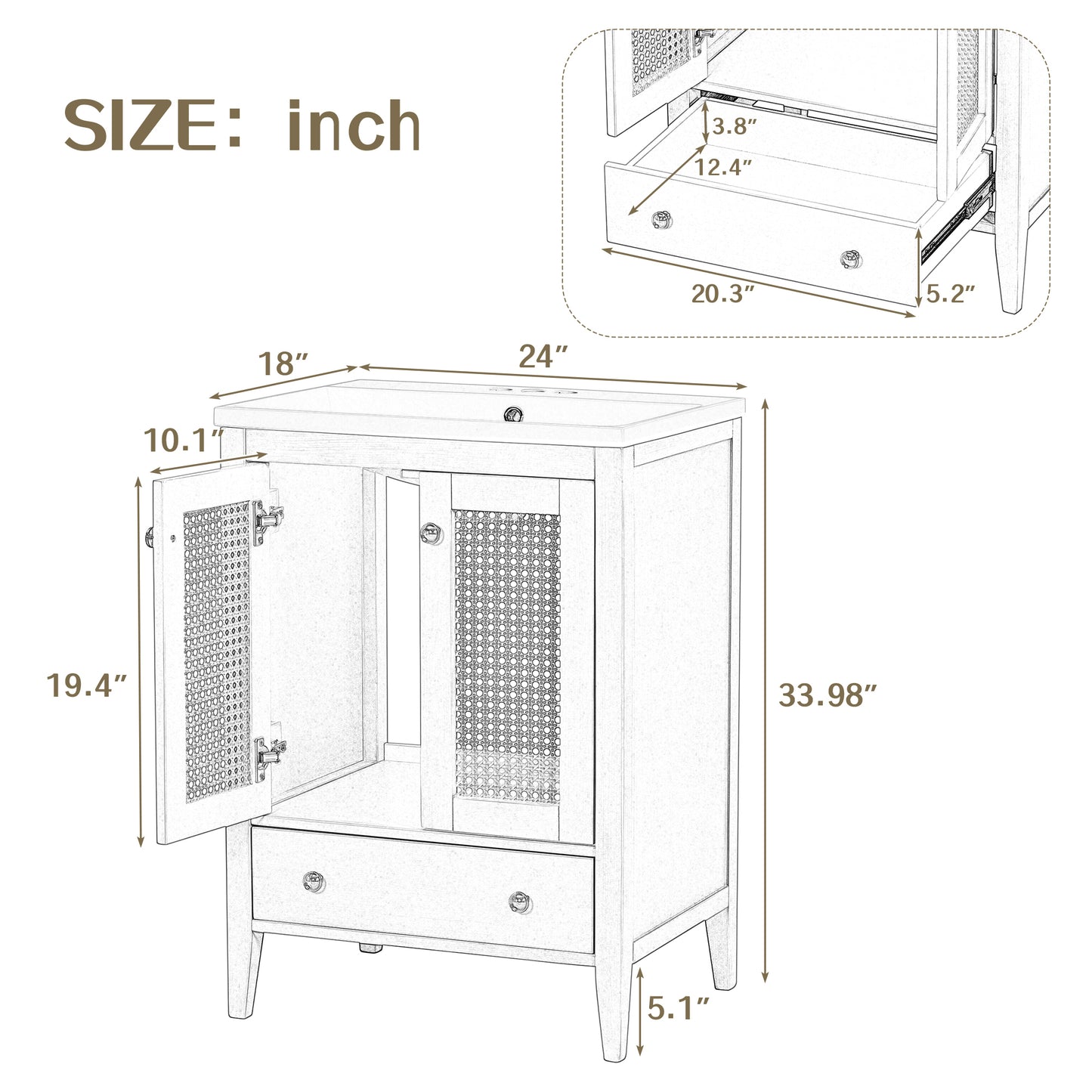 Rattan 24" Bathroom Vanity with Ceramic Basin