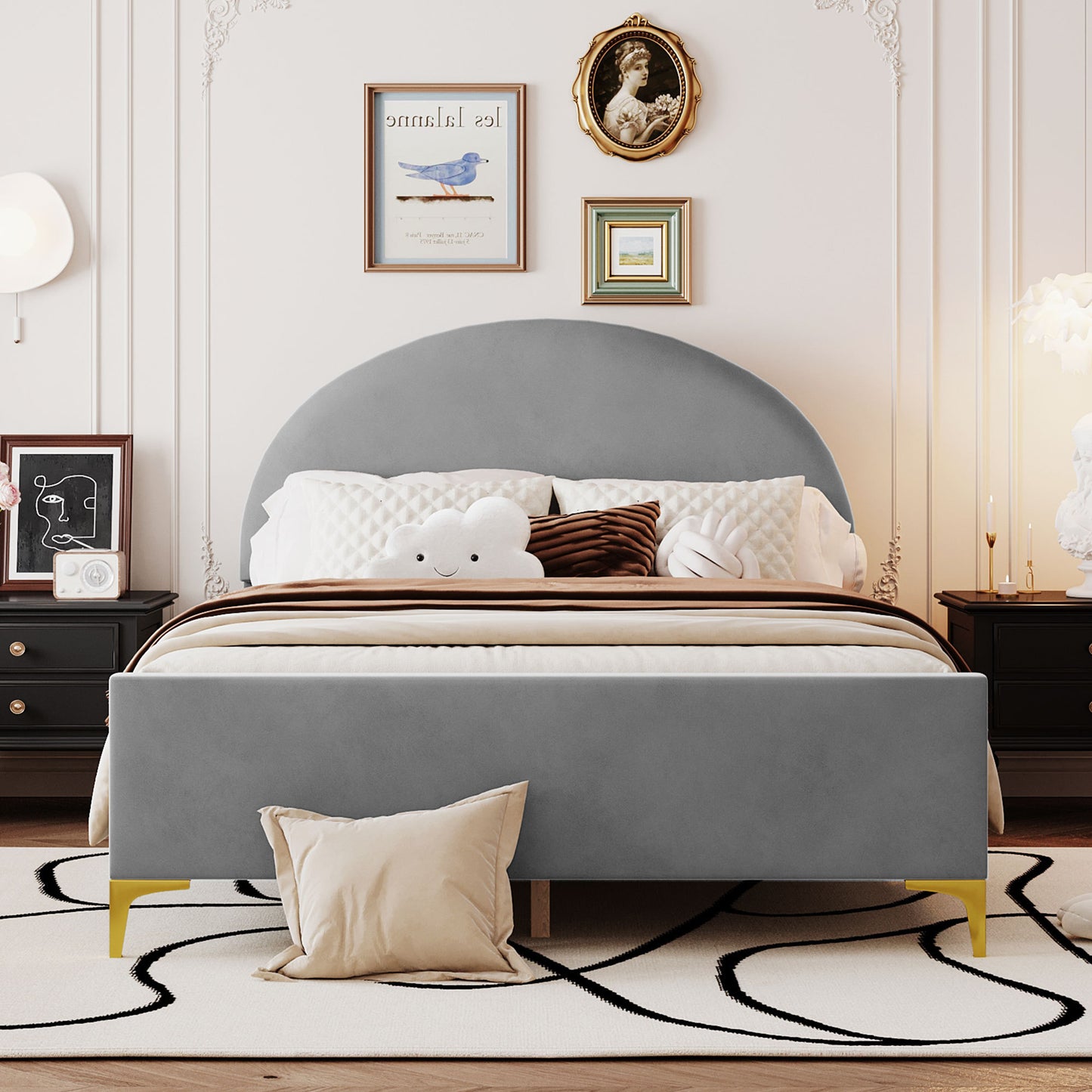 Lynn Full Size Velvet Platform Bed w Mental Legs - Gray