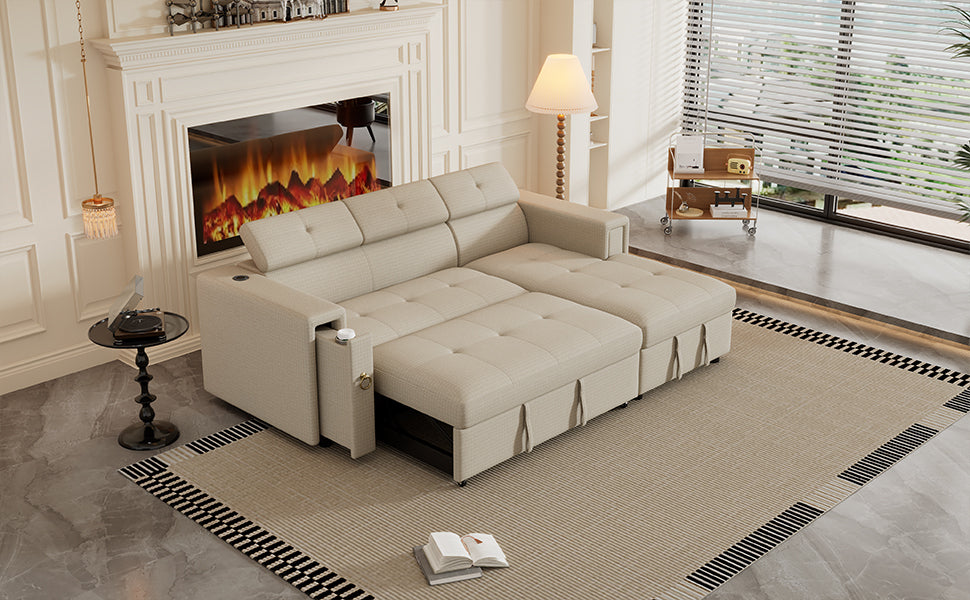 Tumic Pull-Out Sofa Bed L-Shape Sectional Sofa - Beige