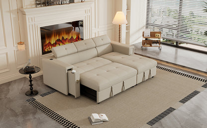 Tumic Pull-Out Sofa Bed L-Shape Sectional Sofa - Beige