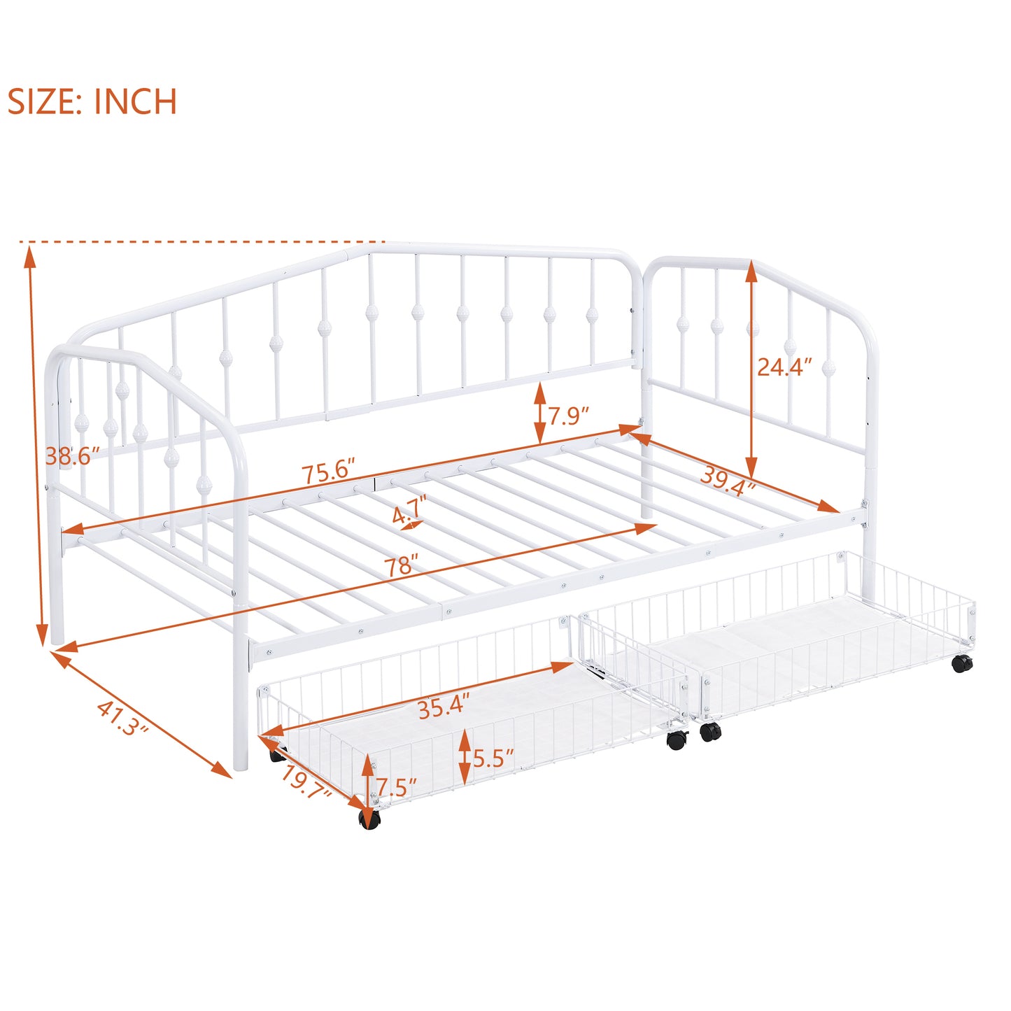 Zee Twin Size Metal Daybed with 2 Drawers - White