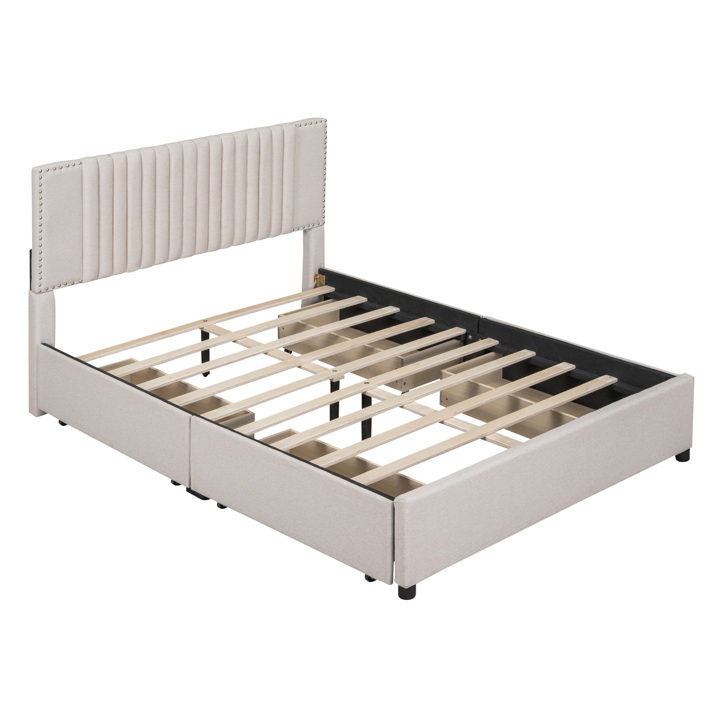 Novy Queen Size Platform Bed with Twin XL Size Trundle - Beige