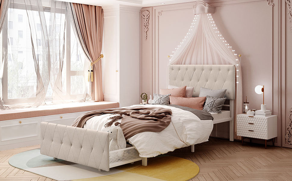 Apex Twin Size Storage Bed Metal Platform Bed with Drawer - Beige