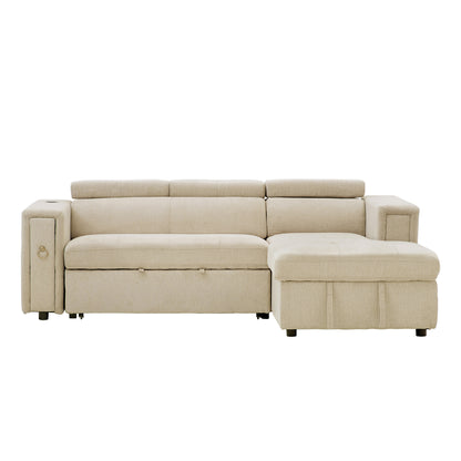 Tumic Pull-Out Sofa Bed L-Shape Sectional Sofa - Beige