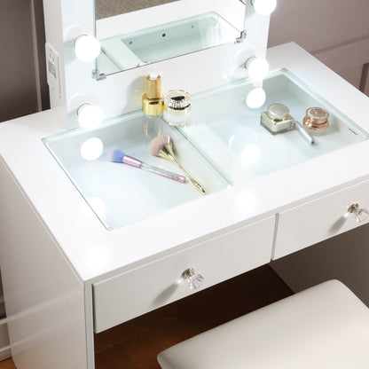 Skyla Makeup Vanity and Stool Set with 10 Lights - White