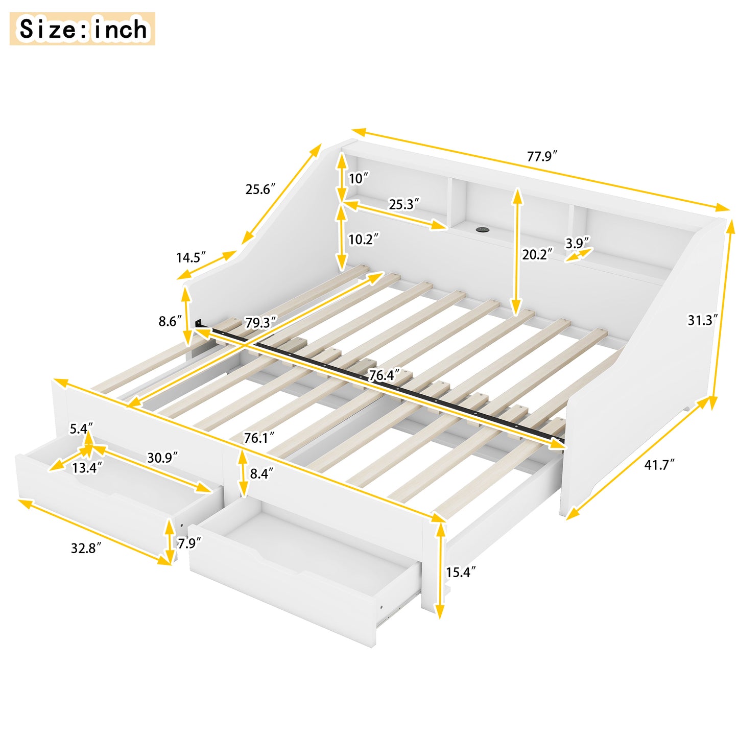 Zion Twin to King Size Daybed  with Storage Bookcases - White