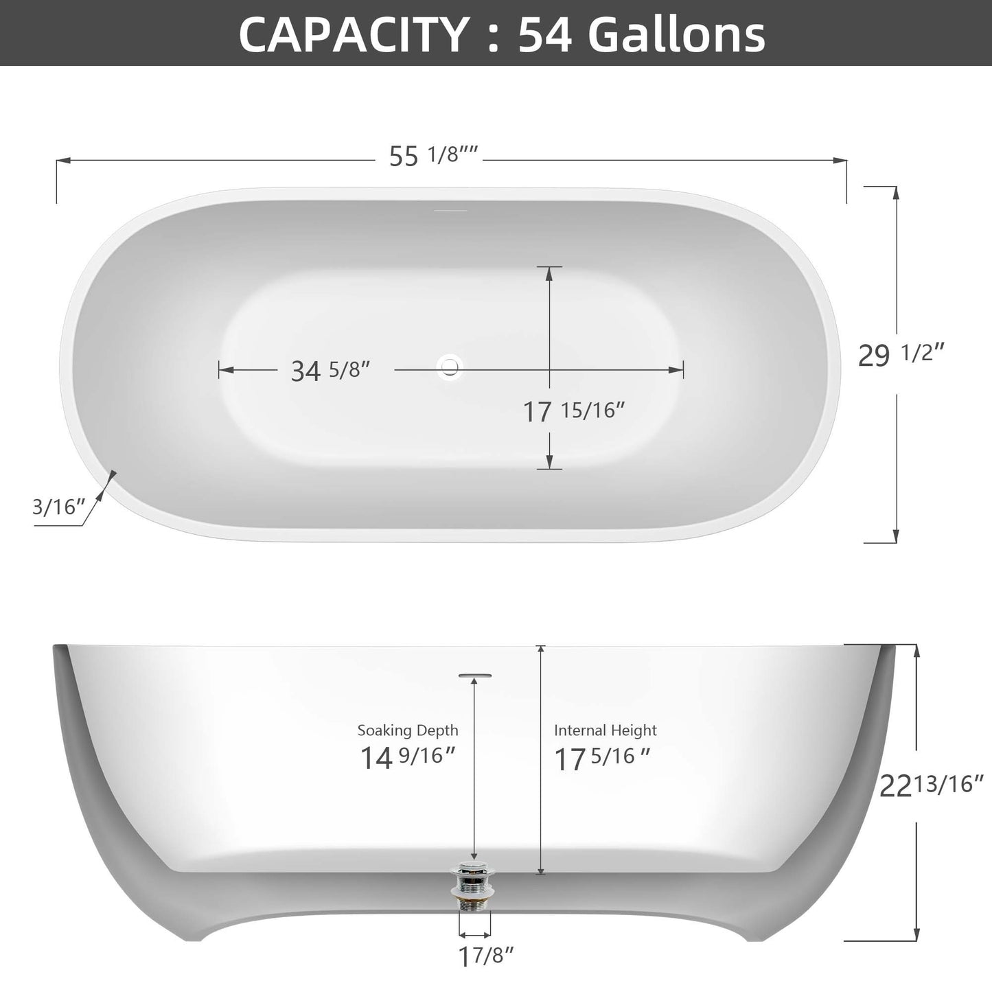 Hana 55" Oval Shape  Acrylic Freestanding  Soaking Bathtub - Gloss White