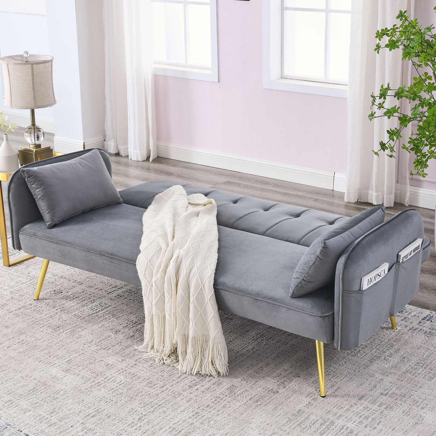 Mika Convertible Velvet Sofa Bed - Grey