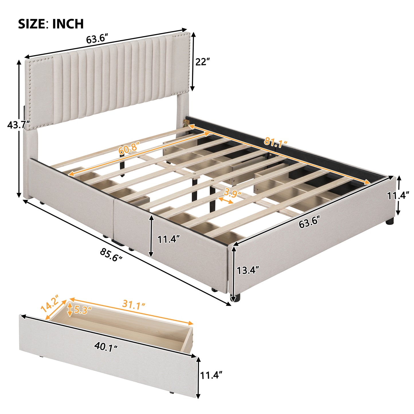 Novy Queen Size Platform Bed with Twin XL Size Trundle - Beige