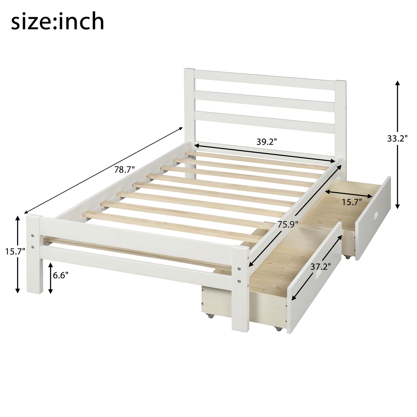 Cyril Twin Size Wood Platform Bed with Dual Drawers - White