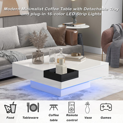 Square Coffee Table with Detachable Tray and LED Lights - White