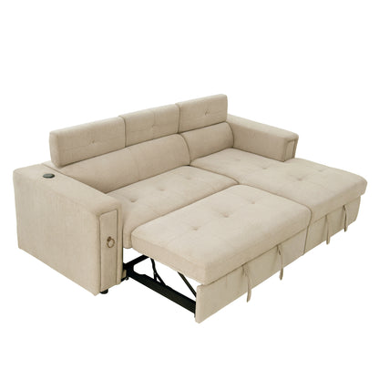 Tumic Pull-Out Sofa Bed L-Shape Sectional Sofa - Beige