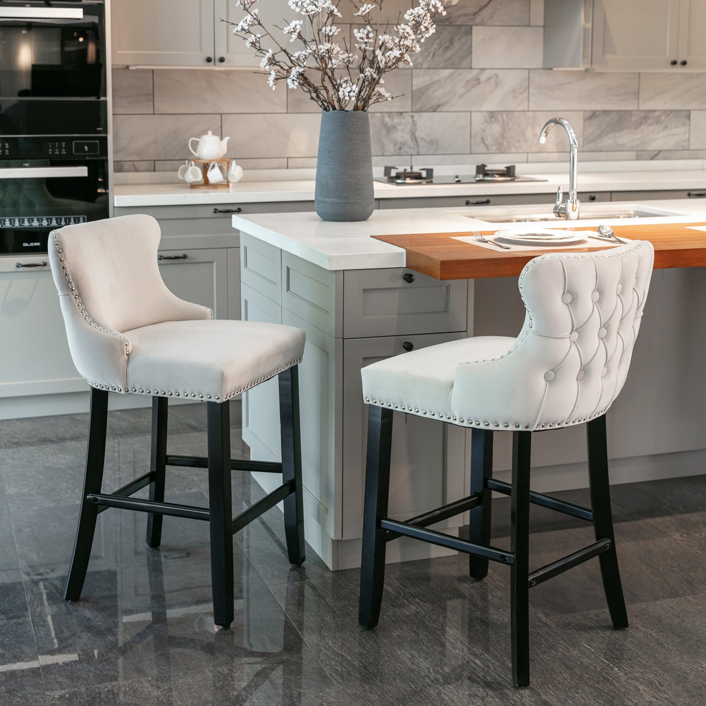 Family  Velvet Upholstered Wing-Back Bar Stools - Beige Set of 4