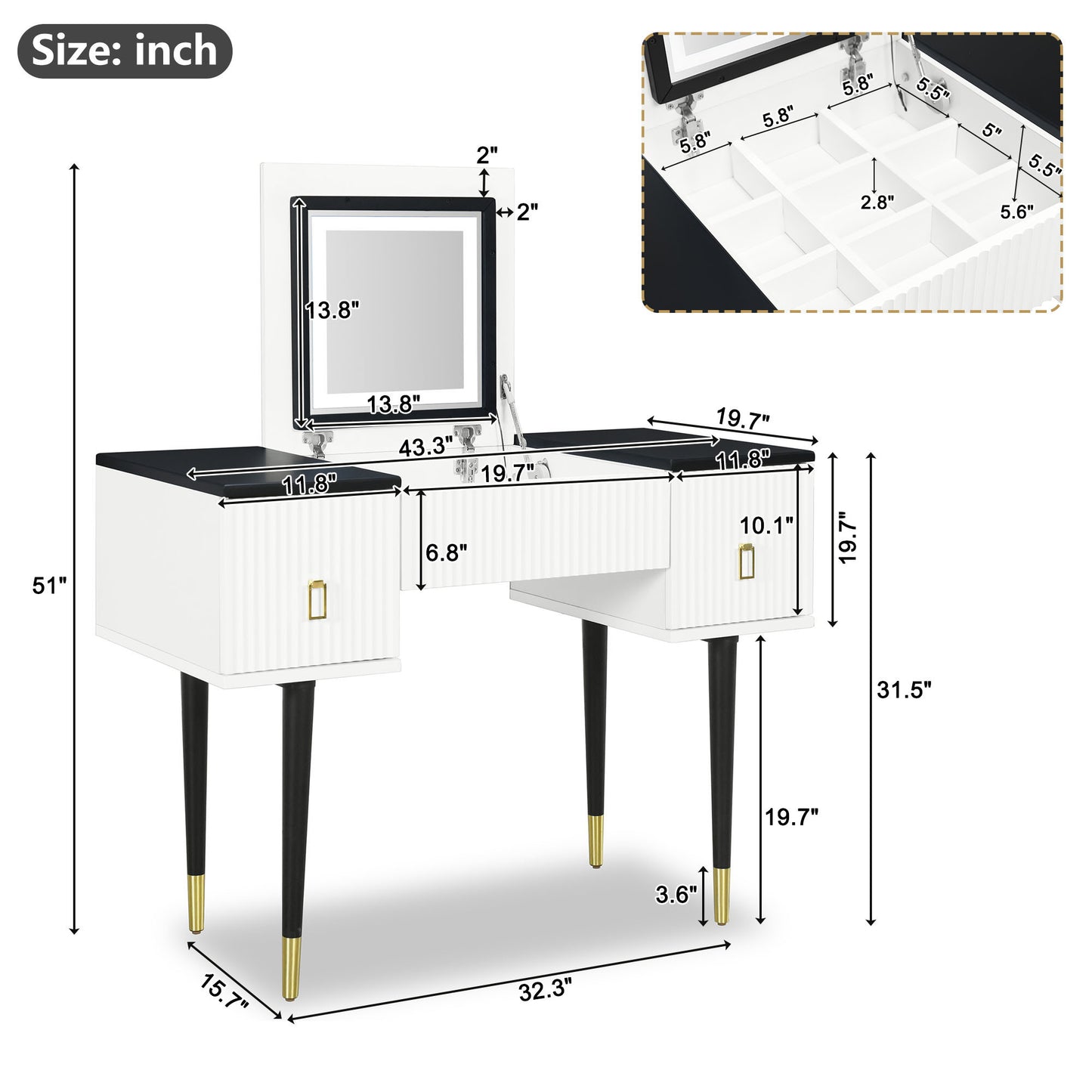 Marble Glow Makeup Vanities Table Set -   White and Black
