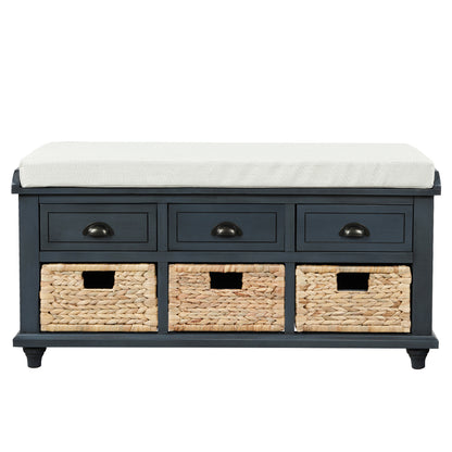 Rustic Storage Bench with 3 Drawers and 3 Rattan Baskets - Antique Navy