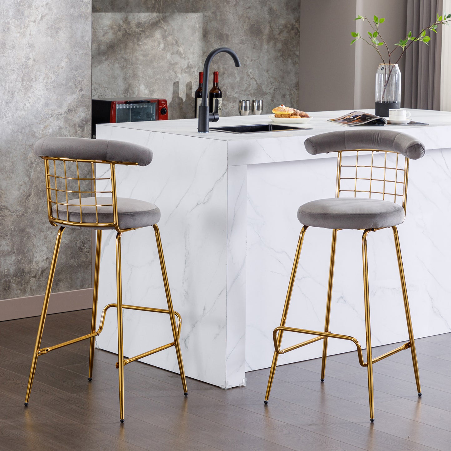 Retro Luxury Velvet  High Bar Stool  - Gray Set of 2
