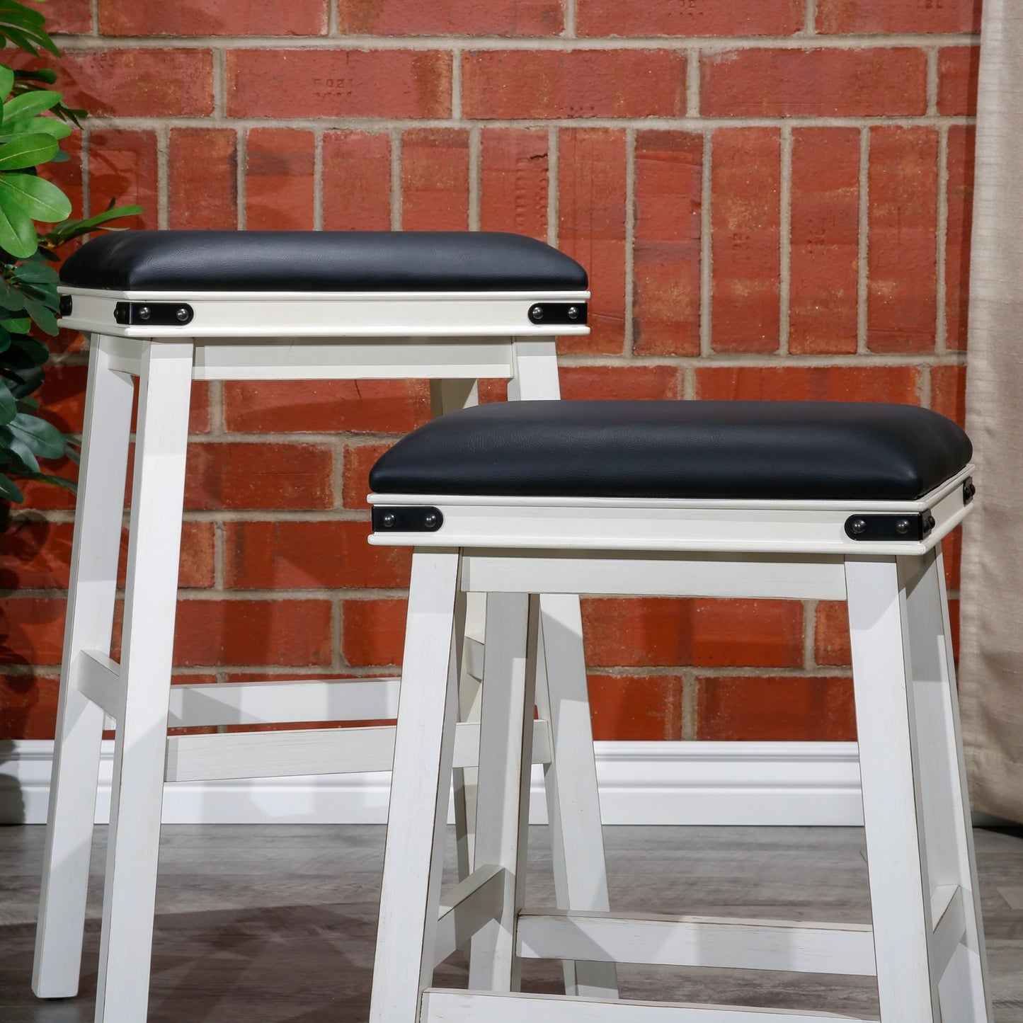 Flat Counter Stool  White Finish, Black Leather Seat