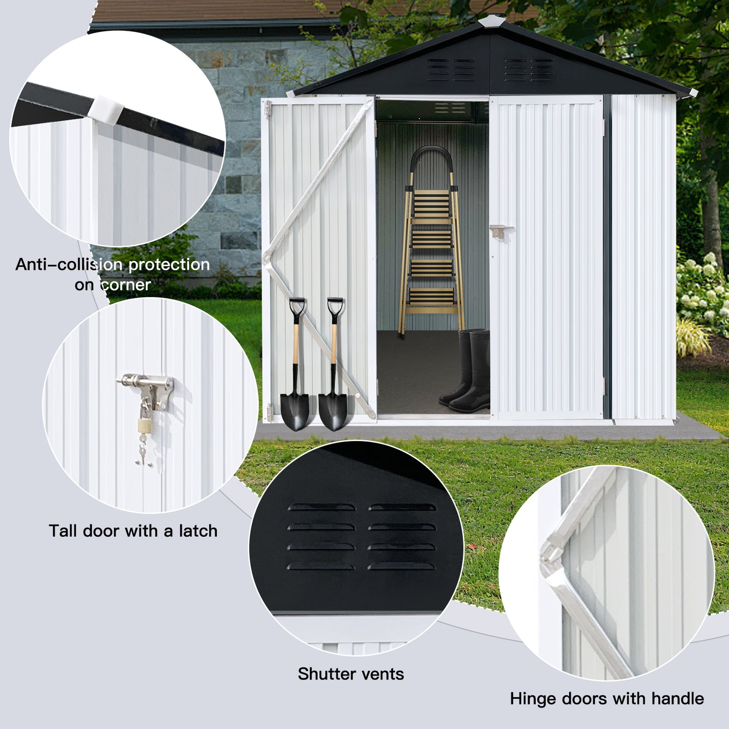 Nister 4 X 6 ft Metal Garden Sheds Outdoor Storage - White+Black