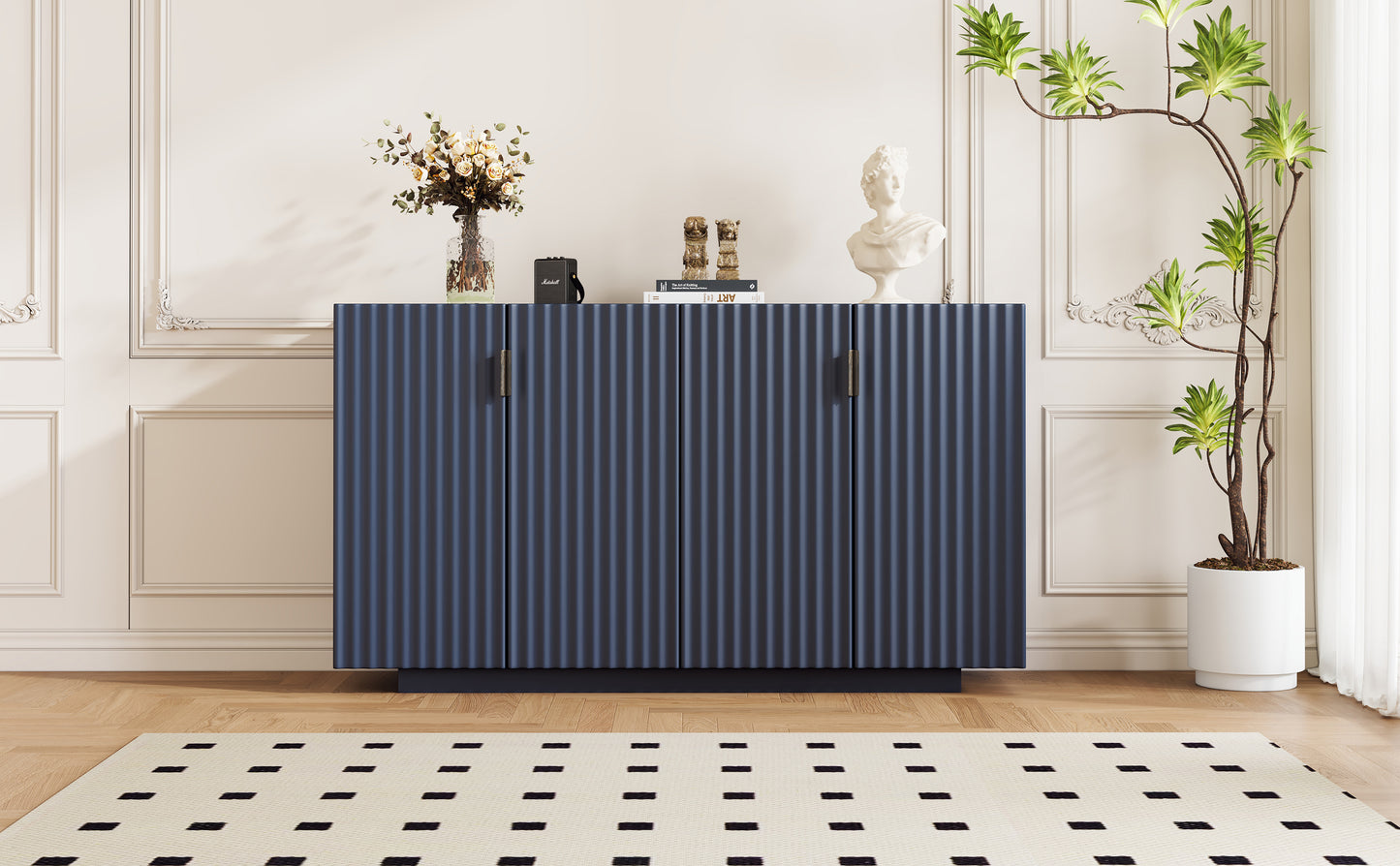 Lyons 4 Wavy Doors Ample Storage Space Sideboar - Navy Blue