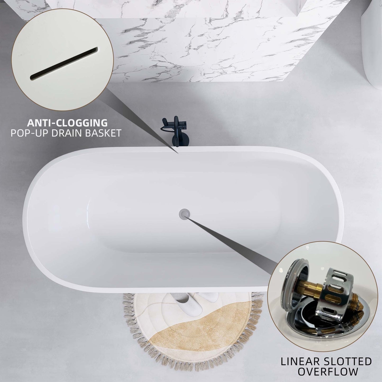 Hana 55" Oval Shape  Acrylic Freestanding  Soaking Bathtub - Gloss White