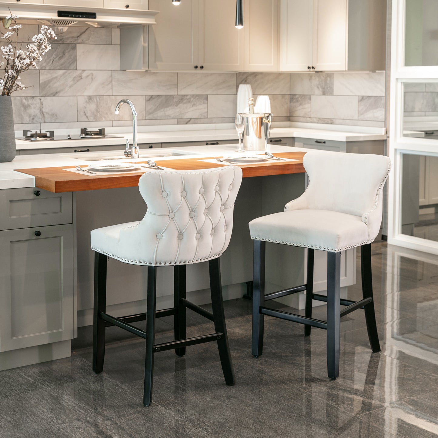Family  Velvet Upholstered Wing-Back Bar Stools - Beige Set of 4