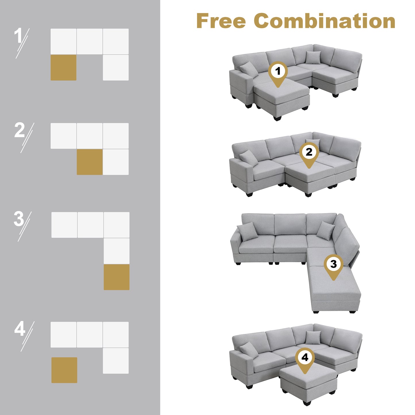 Aria 5-Seat Modular Sectional Set with Convertible Ottoman - Gray