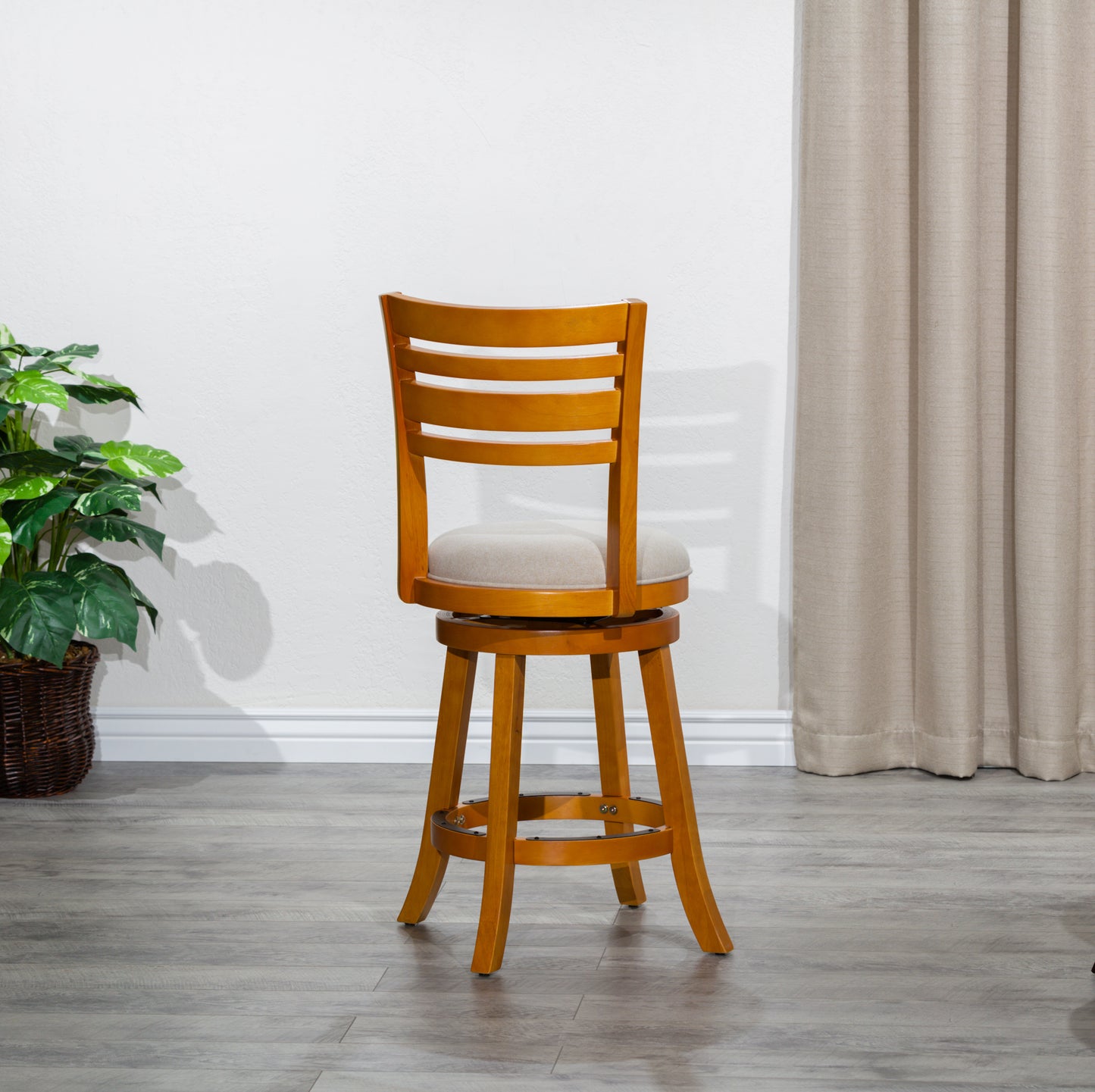 Counter Height Slat Back Swivel Stool, Natural Finish, Beige Fabric Seat
