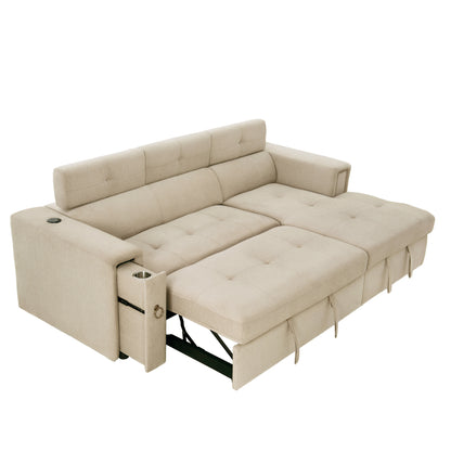 Tumic Pull-Out Sofa Bed L-Shape Sectional Sofa - Beige