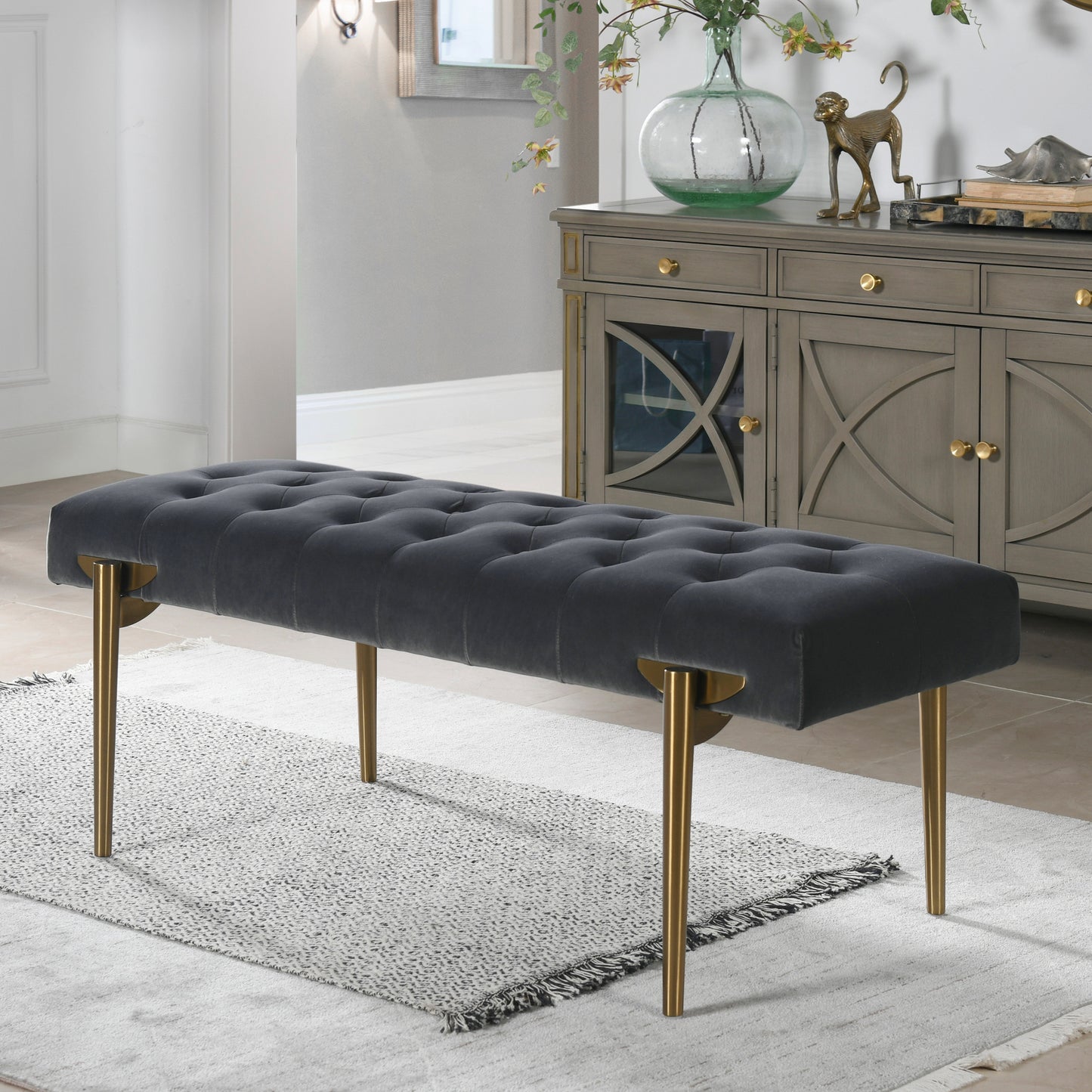 Aria Velvet Upholstered Gold Accent Bench - Gray