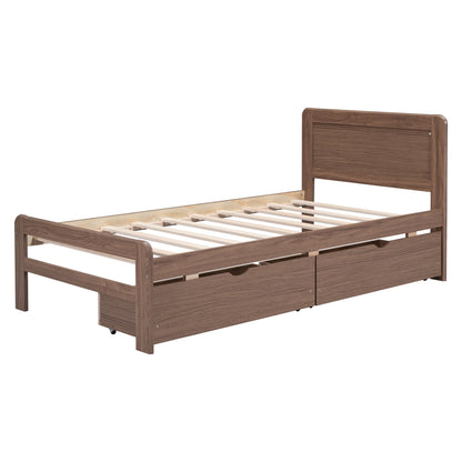 Neki Twin Size Platform Bed Frame with 2 Drawers - Walnut