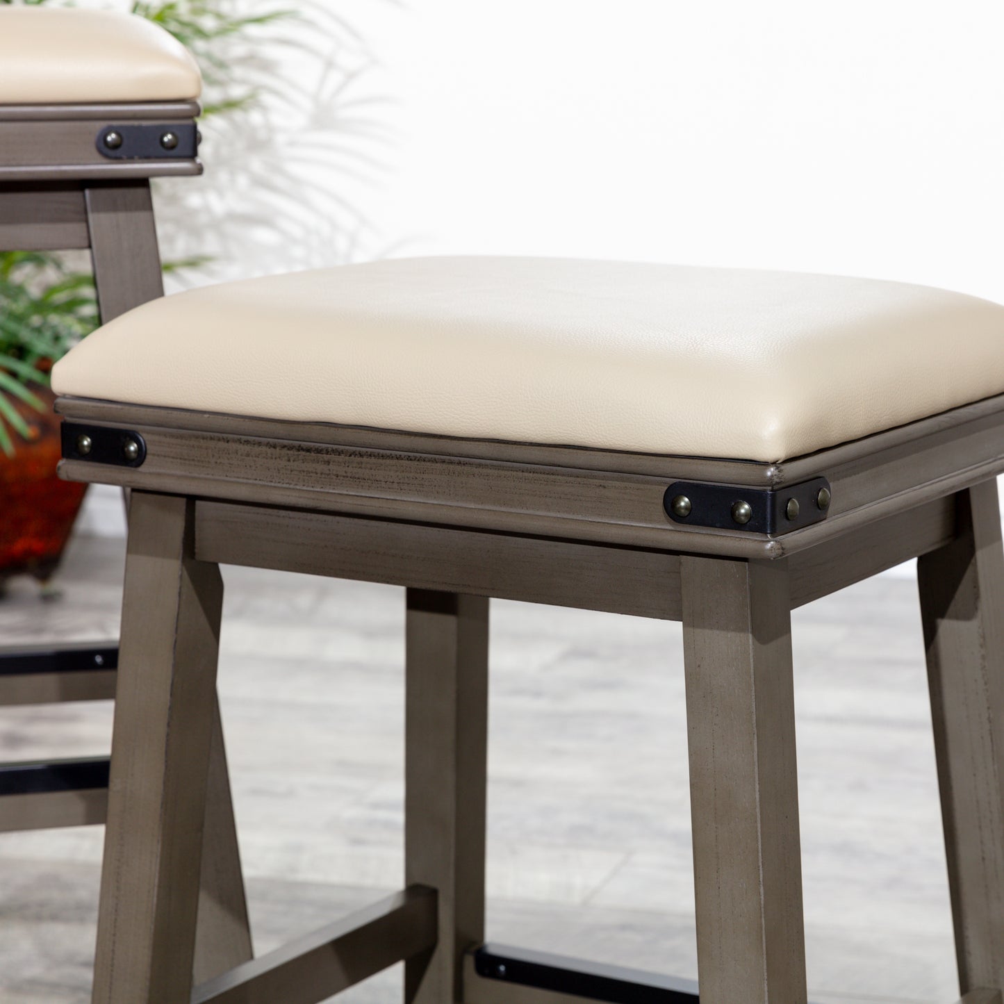 Flat Counter Stool  White Finish, Black Leather Seat