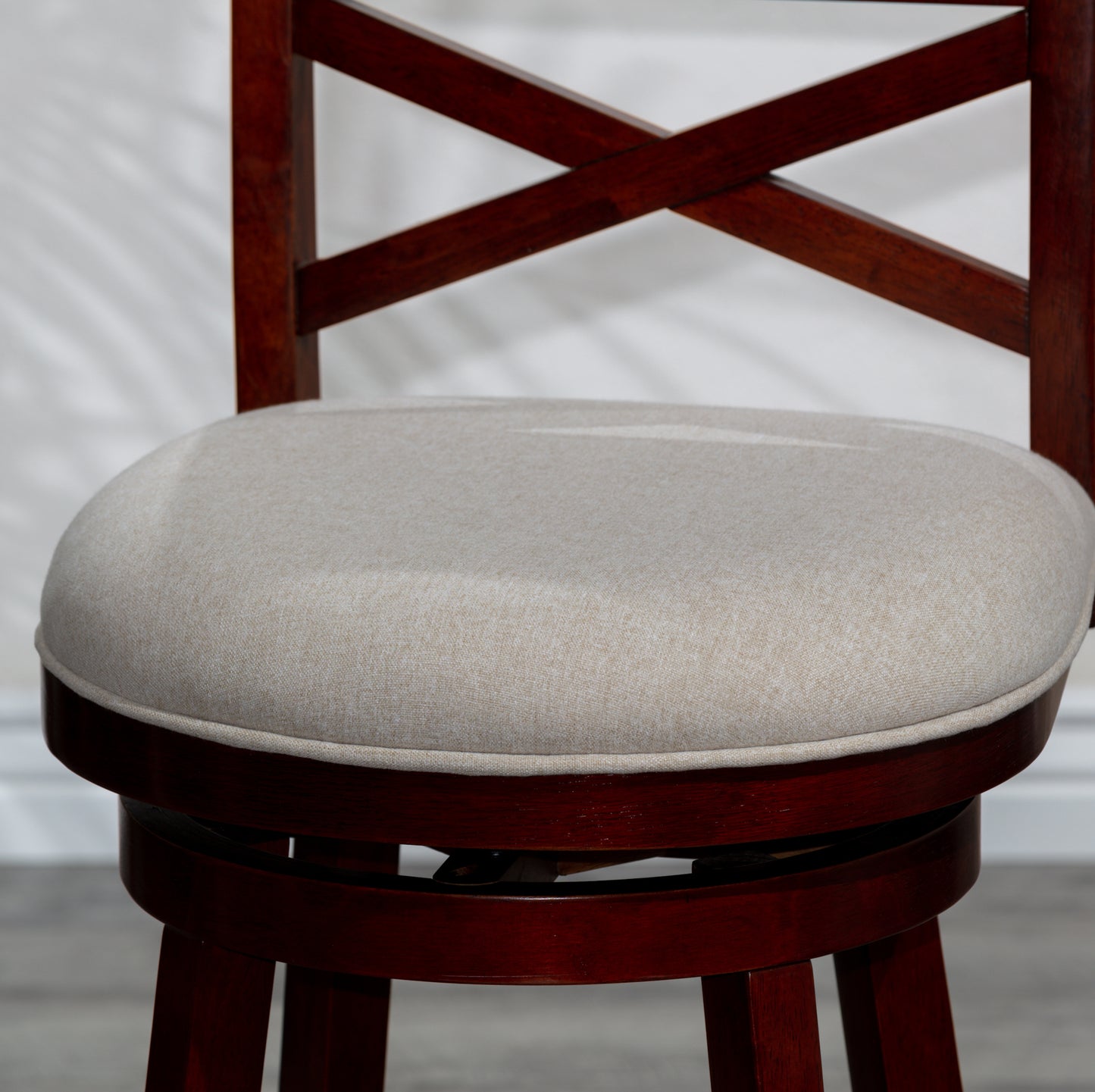 Counter Height X-Back Swivel Stool, Cherry Finish, Beige Fabric Seat