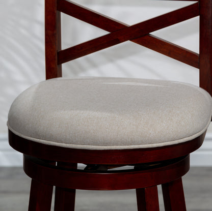 Counter Height X-Back Swivel Stool, Cherry Finish, Beige Fabric Seat