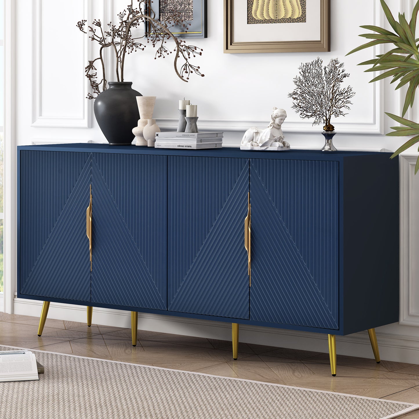 Aida Wave Geometric Design Sideboard Buffet - Navy Blue