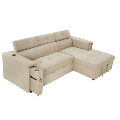 Tumic Pull-Out Sofa Bed L-Shape Sectional Sofa - Beige