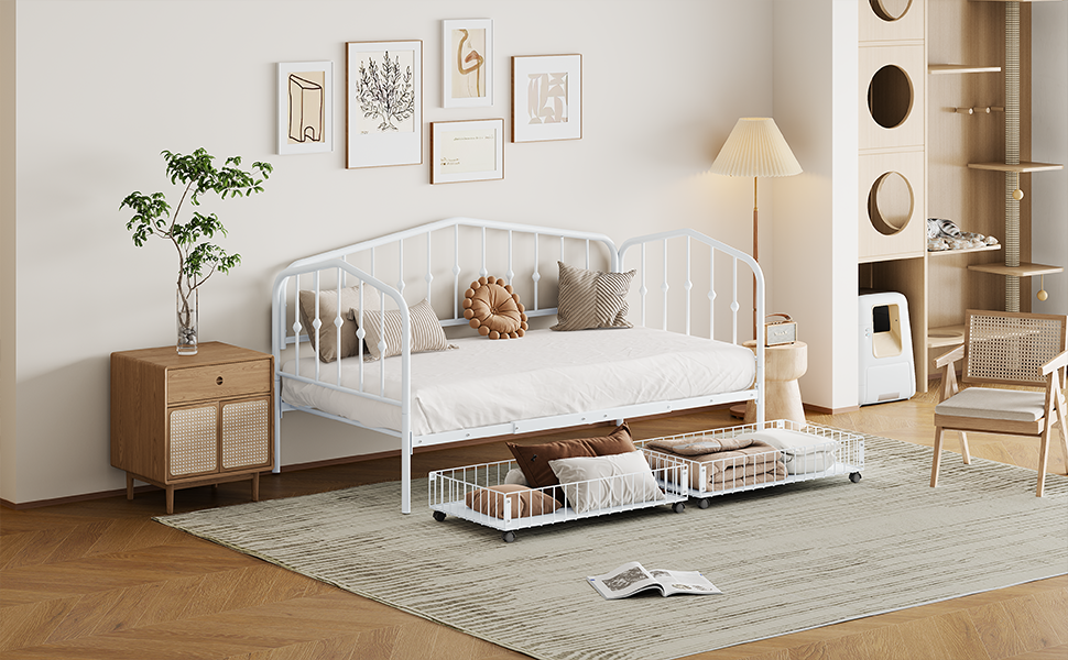 Zee Twin Size Metal Daybed with 2 Drawers - White