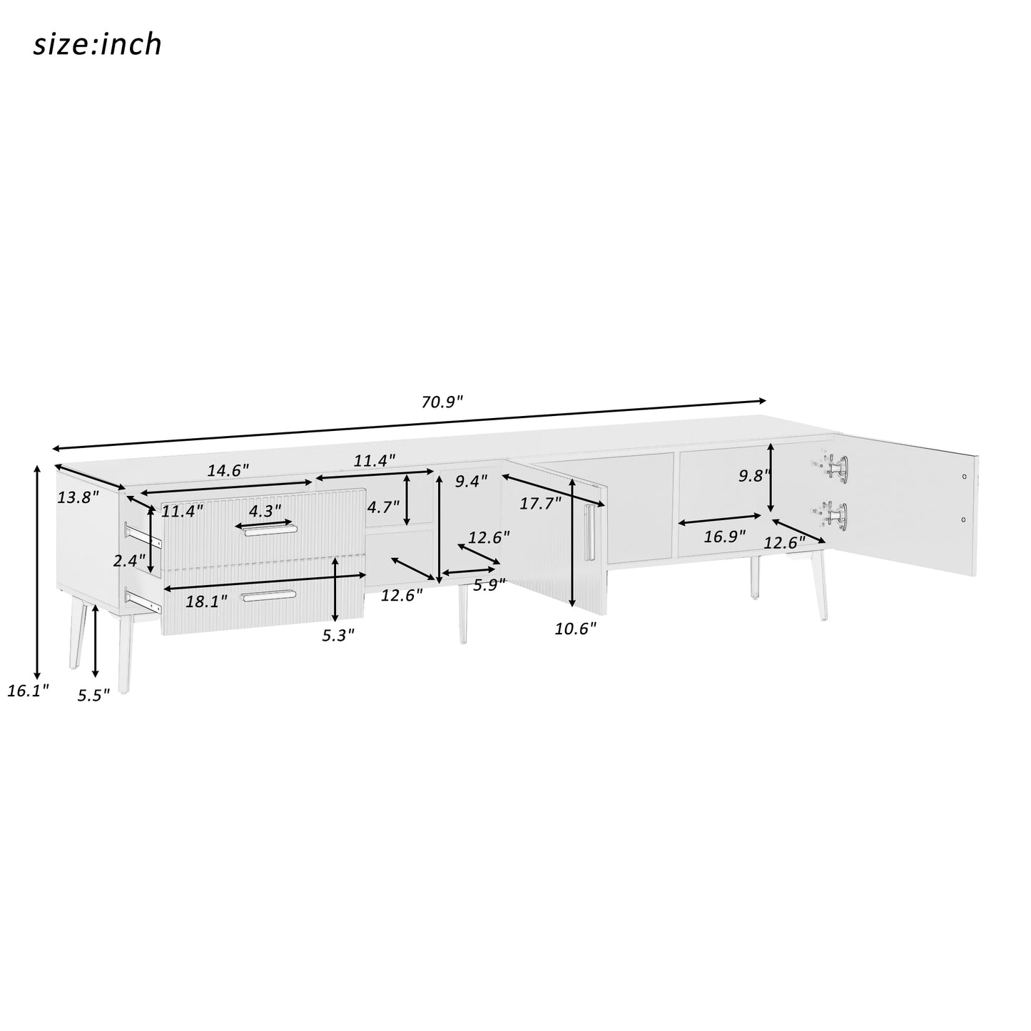Eden II Stylish TV Stand with 5 Champagne Legs - White